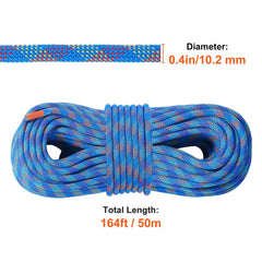 10.2mm Dynamic Climbing Rope, 50M(164ft) Outdoor Rock Climbing Rope 25KN Breaking Tension, Stretchable Fiber Rope with Steel Snap Hooks for Escape, Rappelling, Fire Rescue, Blue