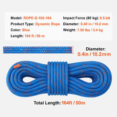 10.2mm Dynamic Climbing Rope, 50M(164ft) Outdoor Rock Climbing Rope 25KN Breaking Tension, Stretchable Fiber Rope with Steel Snap Hooks for Escape, Rappelling, Fire Rescue, Blue