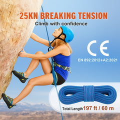 10.2mm Dynamic Climbing Rope, 60M(197ft) Outdoor Rock Climbing Rope 25KN Breaking Tension, Stretchable Fiber Rope with Steel Snap Hooks for Escape, Rappelling, Fire Rescue, Blue