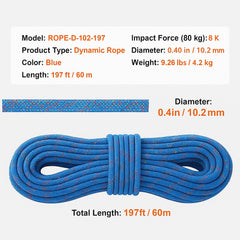 10.2mm Dynamic Climbing Rope, 60M(197ft) Outdoor Rock Climbing Rope 25KN Breaking Tension, Stretchable Fiber Rope with Steel Snap Hooks for Escape, Rappelling, Fire Rescue, Blue