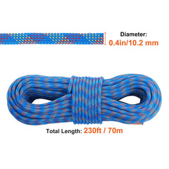 10.2mm Dynamic Climbing Rope, 70M(230ft) Outdoor Rock Climbing Rope 25KN Breaking Tension, Stretchable Fiber Rope with Steel Snap Hooks for Escape, Rappelling, Fire Rescue, Blue
