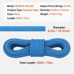 10.2mm Dynamic Climbing Rope, 70M(230ft) Outdoor Rock Climbing Rope 25KN Breaking Tension, Stretchable Fiber Rope with Steel Snap Hooks for Escape, Rappelling, Fire Rescue, Blue