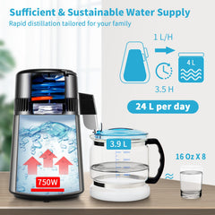 4L Water Distiller Distilled Water Maker 1 L/H w/ Timing Dual-Temp Silver