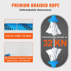 12.7mm Static Climbing Rope, 45.7M(150ft) Outdoor Rock Climbing Rope 30KN Breaking Tension, Fiber Rope with Steel Snap Hooks for Escape, Rappelling, Fire Rescue, Blue