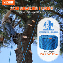 12.7mm Static Climbing Rope, 45.7M(150ft) Outdoor Rock Climbing Rope 30KN Breaking Tension, Fiber Rope with Steel Snap Hooks for Escape, Rappelling, Fire Rescue, Blue