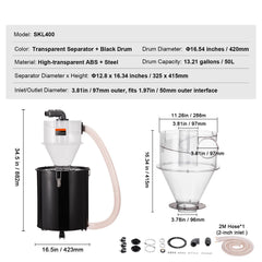Cyclone Dust Separator with Metal Tank, 4" Retrofit Cyclone Separator for Dust Collectors, ABS Dust Deputy With 2" Hole O.D. Connector & Hose for Wet/Dry Shop Vacuums, Fits 50L Tank