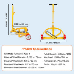 250L Drum Dolly, 544 kg Load Capacity, Barrel Dolly Cart Drum Caddy Round Dolly Steel Low Profile, Heavy Duty Steel Frame with Adjustable Handle 3 Wheels, for Workshop Factory Warehouse