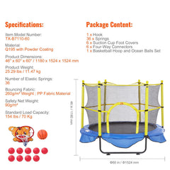 5FT Trampoline for Kids, 60" Indoor Outdoor Trampoline with Safety Enclosure Net, Basketball Hoop and Ocean Balls, Mini Toddler Recreational Trampoline Birthday Gifts for 3+ Years Kids