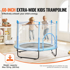 60" Kids Trampoline, 5FT Indoor Outdoor Trampoline, Mini Toddler Recreational Trampolinewith Safety Enclosure Net and Basketball Hoop, Birthday Gifts Christmas Toys for 3+ Years Children, Blue
