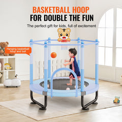 60" Kids Trampoline, 5FT Indoor Outdoor Trampoline, Mini Toddler Recreational Trampolinewith Safety Enclosure Net and Basketball Hoop, Birthday Gifts Christmas Toys for 3+ Years Children, Blue