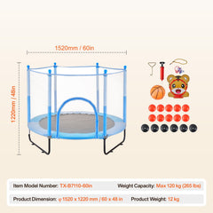 60" Kids Trampoline, 5FT Indoor Outdoor Trampoline, Mini Toddler Recreational Trampolinewith Safety Enclosure Net and Basketball Hoop, Birthday Gifts Christmas Toys for 3+ Years Children, Blue