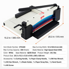 Heavy Duty Paper Cutter, 304.8 mm Industrial Commercial Guillotine Paper Cutter for A4 Paper, 400 Sheet Capacity, Solid Steel Construction, Stack Paper Trimmer for Office Home School Shop, White