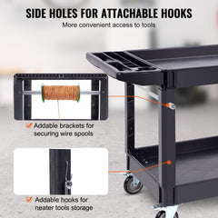 Utility Service Cart, 2 Shelf 550LBS Heavy Duty Plastic Rolling Utility Cart with 360° Swivel Wheels (2 with Brakes), Large Lipped Shelf, Ergonomic Storage Handle for Warehouse/Garage/Cleaning