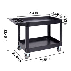 Utility Service Cart, 2 Shelf 550LBS Heavy Duty Plastic Rolling Utility Cart with 360° Swivel Wheels (2 with Brakes), Large Lipped Shelf, Ergonomic Storage Handle for Warehouse/Garage/Cleaning