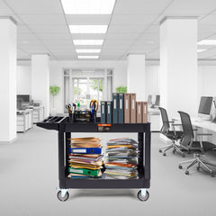 Utility Service Cart, 2 Shelf 550LBS Heavy Duty Plastic Rolling Utility Cart with 360° Swivel Wheels (2 with Brakes), Large Lipped Shelf, Ergonomic Storage Handle for Warehouse/Garage/Cleaning