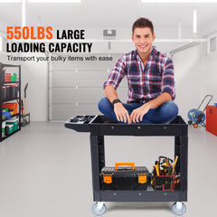Utility Service Cart, 2 Shelf 550LBS Heavy Duty Plastic Rolling Utility Cart with 360° Swivel Wheels, Medium Lipped Shelf, Ergonomic Storage Handle for Warehouse/Garage/Cleaning/Office