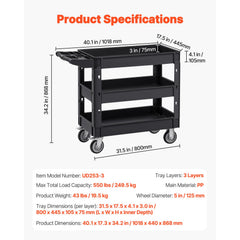 Utility Service Cart, 550 LBS Laod Capacity, 3 Shelf Heavy Duty Plastic Rolling Utility Cart with 360° Swivel Wheels (2 with Brakes), Ergonomic Storage Handle for Warehouse/Garage/Cleaning
