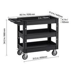 Utility Service Cart, 550 LBS Laod Capacity, 3 Shelf Heavy Duty Plastic Rolling Utility Cart with 360° Swivel Wheels (2 with Brakes), Ergonomic Storage Handle for Warehouse/Garage/Cleaning