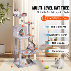Cat Tree 143 cm Cat Tower with Cat Condo Sisal Scratching Post Light Grey