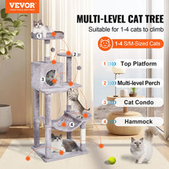Cat Tree 143 cm Cat Tower with Cat Condo Sisal Scratching Post Light Grey