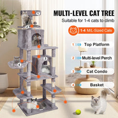 Cat Tree 174 cm Cat Tower with Cat Condos Sisal Scratching Post Light Grey