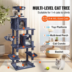 Cat Tree 174 cm Cat Tower with Cat Condos Sisal Scratching Post Dark Grey
