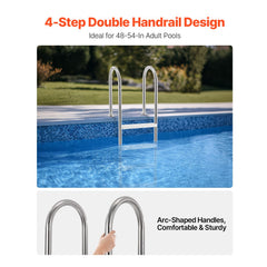 4-Step Stainless Steel Pool Ladder of 2 Handrail for 1371.6 mm Decked Pool