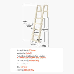 5-Step Inclined Robust Pool Ladder of 2 Handrails for 1219.2-1371.6mm Pool