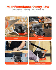 Bench Vise, 140 mm Jaw Width, 140 mm Max Jaw Opening Multipurpose Vise with 360° Swivel Locking Base, 73 mm Throat, Heavy Duty Ductile Iron Workbench Vise, Two-Way Jaws for Clamping Round Pipes