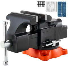 Bench Vise, 127 mm Jaw Width, 125 mm Max Jaw Opening Multipurpose Vise with 360° Swivel Locking Base, 71 mm Throat, Heavy Duty Ductile Iron Workbench Vise with Anvil, for Clamping Round Pipes