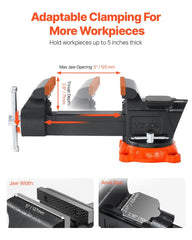 Bench Vise, 127 mm Jaw Width, 125 mm Max Jaw Opening Multipurpose Vise with 360° Swivel Locking Base, 71 mm Throat, Heavy Duty Ductile Iron Workbench Vise with Anvil, for Clamping Round Pipes