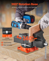 Bench Vise, 127 mm Jaw Width, 125 mm Max Jaw Opening Multipurpose Vise with 360° Swivel Locking Base, 71 mm Throat, Heavy Duty Ductile Iron Workbench Vise with Anvil, for Clamping Round Pipes