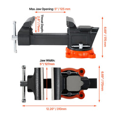 Bench Vise, 127 mm Jaw Width, 125 mm Max Jaw Opening Multipurpose Vise with 360° Swivel Locking Base, 71 mm Throat, Heavy Duty Ductile Iron Workbench Vise with Anvil, for Clamping Round Pipes