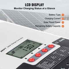 20A MPPT Solar Charge Controller, Auto DC Input, Solar Panel Regulator Charger with LCD Display Temperature Sensor Cable, for Sealed(AGM), Gel, Flooded and Lithium Battery Charging