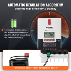 20A MPPT Solar Charge Controller, Auto DC Input, Solar Panel Regulator Charger with LCD Display Temperature Sensor Cable, for Sealed(AGM), Gel, Flooded and Lithium Battery Charging