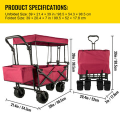 Folding Wagon Cart, Collapsible Folding Garden Cart w/ Shade Beach Utility