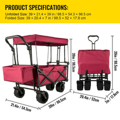 Folding Wagon Cart, Collapsible Folding Garden Cart w/ Shade Beach Utility