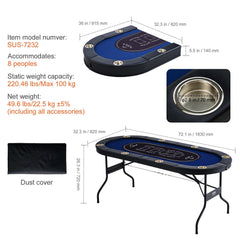 8 Player Foldable Poker Table, Blackjack Texas Holdem Poker Table with Padded Rails and Stainless Steel Cup Holders, Portable Folding Card Board Game Table,183cm Oval Casino Leisure Table, Blue