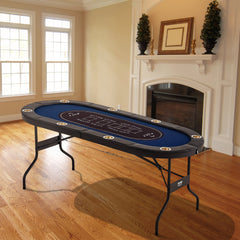 8 Player Foldable Poker Table, Blackjack Texas Holdem Poker Table with Padded Rails and Stainless Steel Cup Holders, Portable Folding Card Board Game Table,183cm Oval Casino Leisure Table, Blue