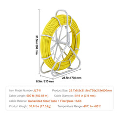 Fish Tape Fiberglass, 182.88 m, 7.9 mm, Duct Rodder Fishtape Wire Puller, Cable Running Rod with Steel Reel Stand, 3 Pulling Heads, Fishing Tools for Walls and Electrical Conduit, Non-Conductive