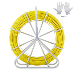 Fish Tape Fiberglass, 129.5 m, 6.35 mm, Duct Rodder Fishtape Wire Puller, Cable Running Rod with Steel Reel Stand, 3 Pulling Heads, Fishing Tools for Walls and Electrical Conduit, Non-Conductive
