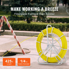 Fish Tape Fiberglass, 129.5 m, 6.35 mm, Duct Rodder Fishtape Wire Puller, Cable Running Rod with Steel Reel Stand, 3 Pulling Heads, Fishing Tools for Walls and Electrical Conduit, Non-Conductive