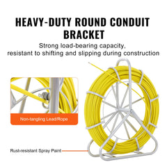Fish Tape Fiberglass, 129.5 m, 6.35 mm, Duct Rodder Fishtape Wire Puller, Cable Running Rod with Steel Reel Stand, 3 Pulling Heads, Fishing Tools for Walls and Electrical Conduit, Non-Conductive