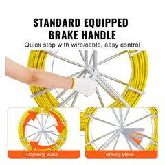 Fish Tape Fiberglass, 129.5 m, 6.35 mm, Duct Rodder Fishtape Wire Puller, Cable Running Rod with Steel Reel Stand, 3 Pulling Heads, Fishing Tools for Walls and Electrical Conduit, Non-Conductive