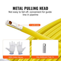 Fish Tape Fiberglass, 129.5 m, 6.35 mm, Duct Rodder Fishtape Wire Puller, Cable Running Rod with Steel Reel Stand, 3 Pulling Heads, Fishing Tools for Walls and Electrical Conduit, Non-Conductive