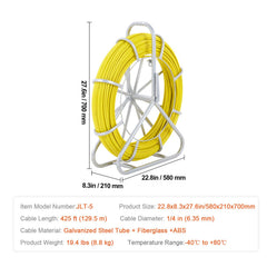 Fish Tape Fiberglass, 129.5 m, 6.35 mm, Duct Rodder Fishtape Wire Puller, Cable Running Rod with Steel Reel Stand, 3 Pulling Heads, Fishing Tools for Walls and Electrical Conduit, Non-Conductive