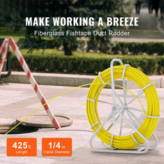 Fish Tape Fiberglass, 129.5 m, 6.35 mm, Duct Rodder Fishtape Wire Puller, Cable Running Rod with Steel Reel Stand, 3 Pulling Heads, Fishing Tools for Walls and Electrical Conduit, Non-Conductive