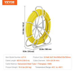 Fish Tape Fiberglass, 129.5 m, 6.35 mm, Duct Rodder Fishtape Wire Puller, Cable Running Rod with Steel Reel Stand, 3 Pulling Heads, Fishing Tools for Walls and Electrical Conduit, Non-Conductive