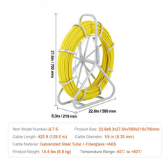 Fish Tape Fiberglass, 129.5 m, 6.35 mm, Duct Rodder Fishtape Wire Puller, Cable Running Rod with Steel Reel Stand, 3 Pulling Heads, Fishing Tools for Walls and Electrical Conduit, Non-Conductive