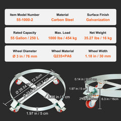 2PCS 250 L Heavy Duty Drum Dolly, 454 kg Load Capacity, Barrel Dolly Cart Drum Caddy, Non Tipping Hand Truck Capacity Dollies with Steel Frame 4 Swivel Casters Wheel, for Drum Handling
